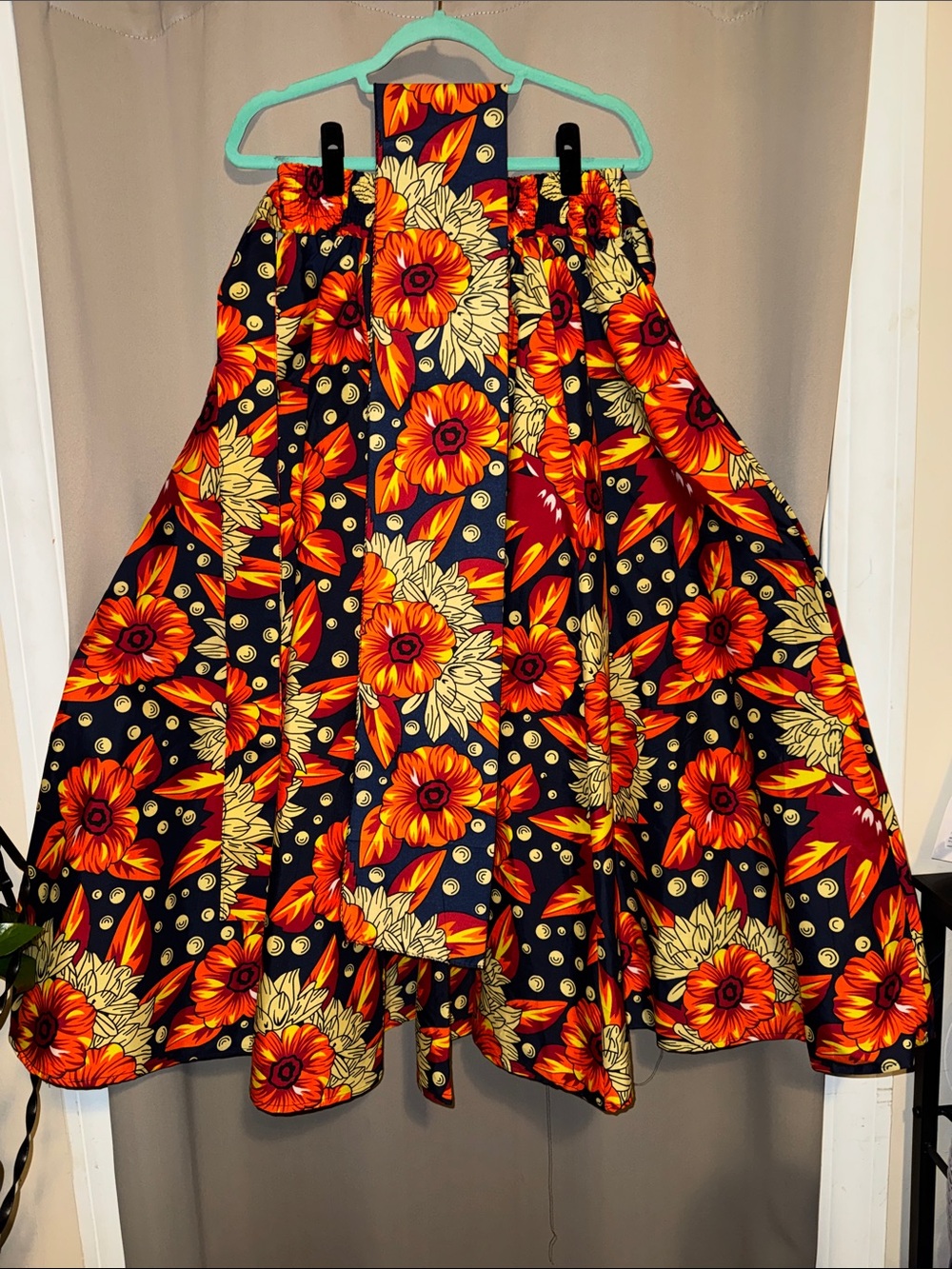 Belted Floral A-Line Maxi Skirt in Black with Red, Yellow and Orange Flowers